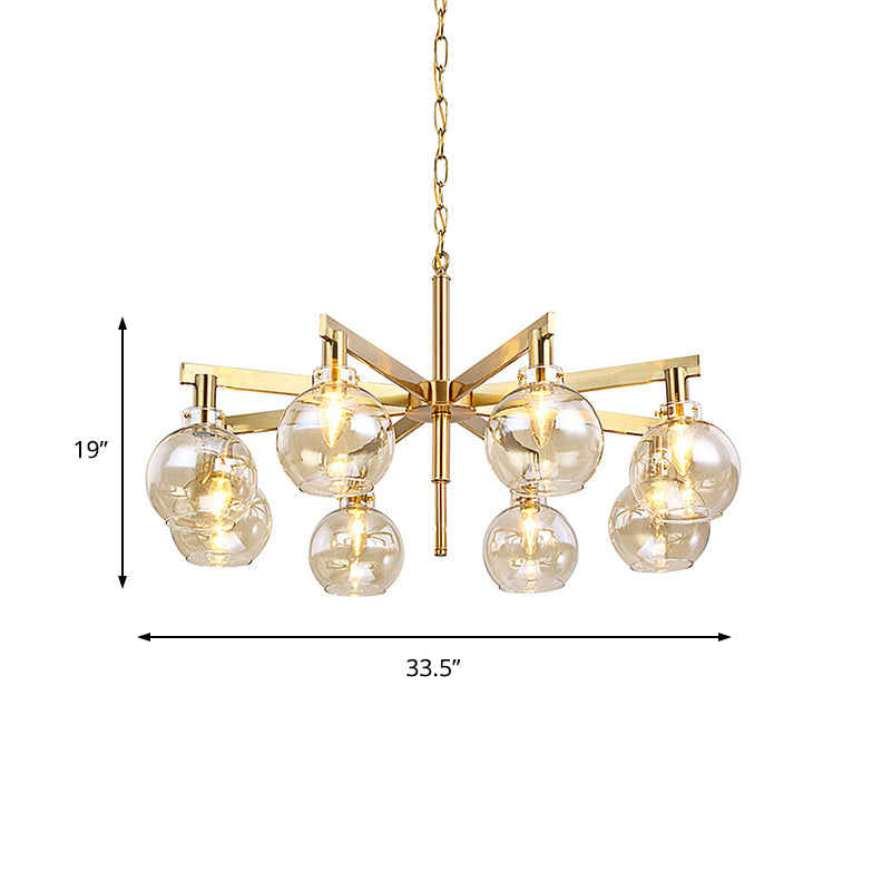 Modern 8 Heads Ceiling Chandelier Gold Ball Hanging Light Fixture with Amber Glass Shade