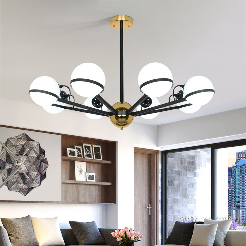 Modernist Round Hanging Chandelier Frosted White Glass 6/8/10 Bulbs Pendant Light Fixture in Black