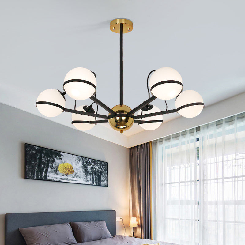 Modernist Round Hanging Chandelier Frosted White Glass 6/8/10 Bulbs Pendant Light Fixture in Black