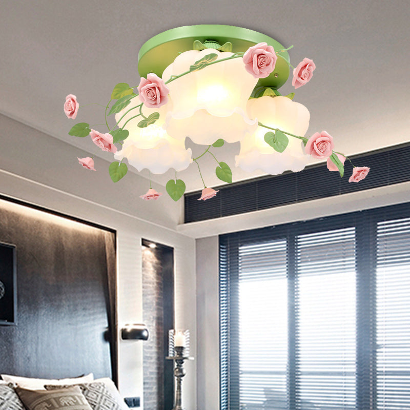 Opal Glass Bloom Ceiling Lighting Countryside 3 Heads Bedroom Flush Mount Fixture in White/Green