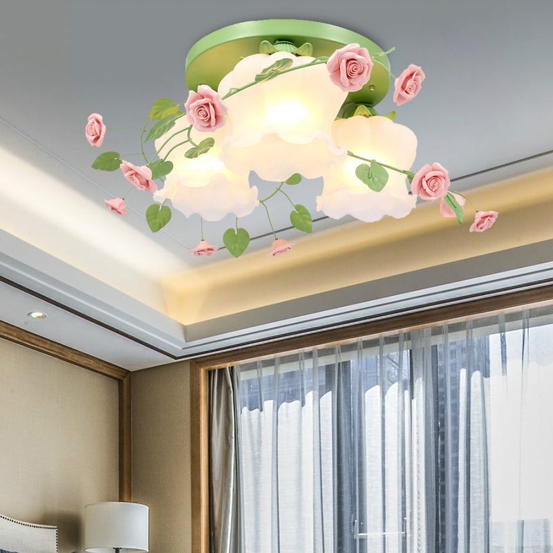 Opal Glass Bloom Ceiling Lighting Countryside 3 Heads Bedroom Flush Mount Fixture in White/Green