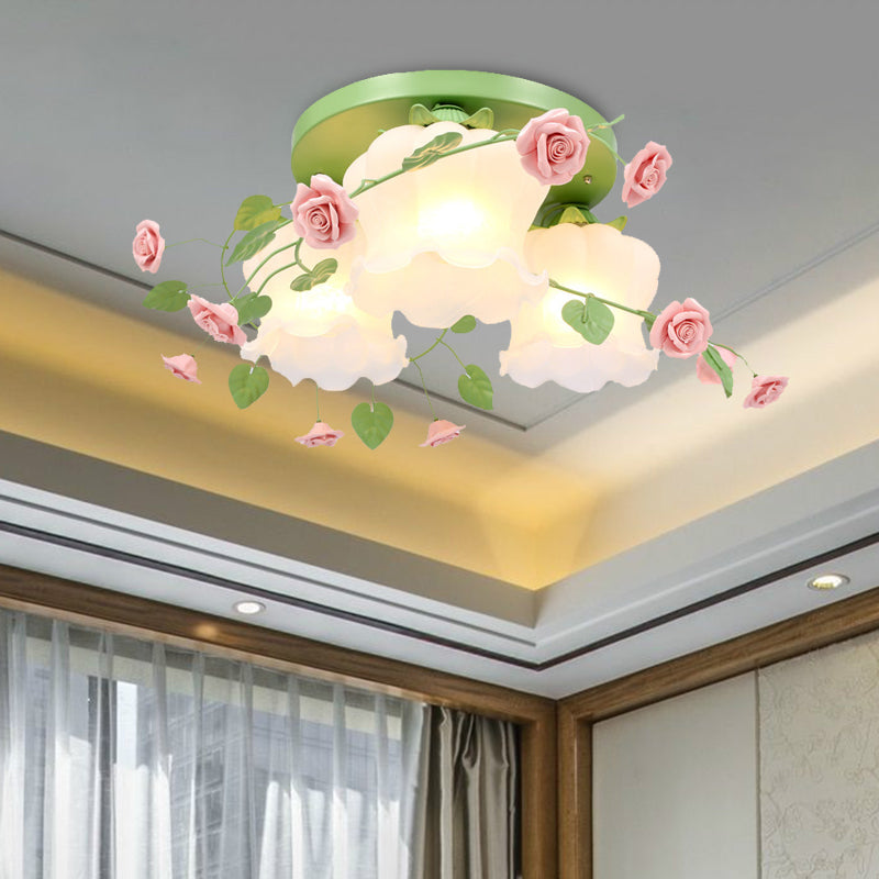 Opal Glass Bloom Ceiling Lighting Countryside 3 Heads Bedroom Flush Mount Fixture in White/Green