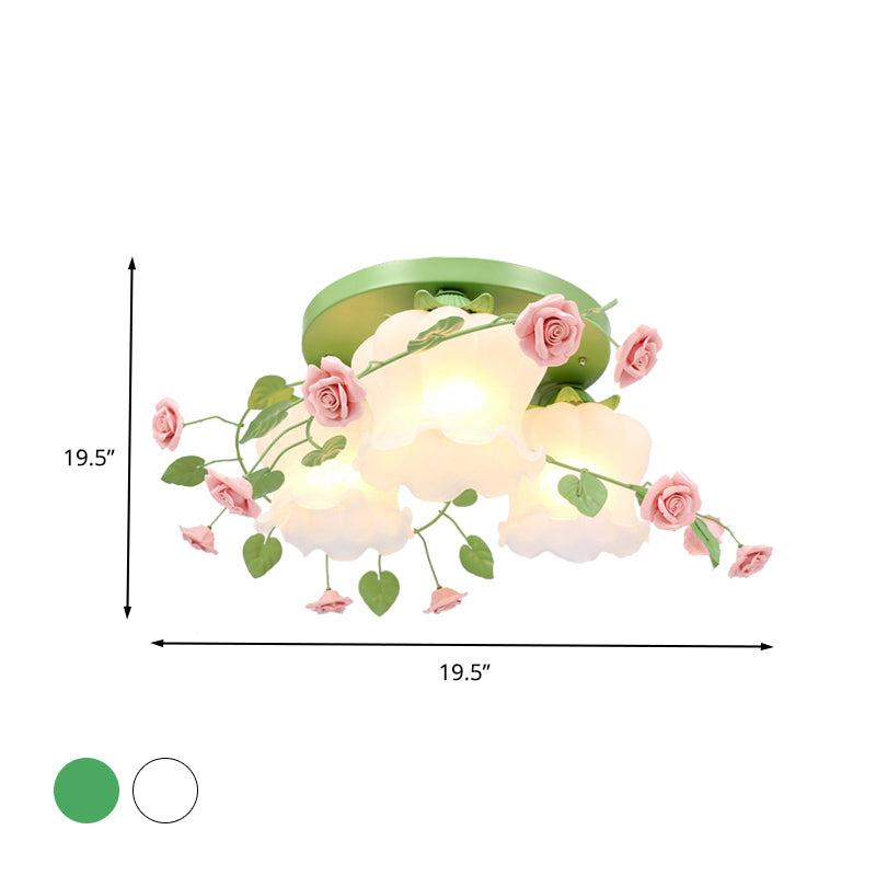 Opalglas Bloom Deckenbeleuchtung Countryside 3 Köpfe Schlafzimmer Flush Mount Befestigung in Weiß/Grün