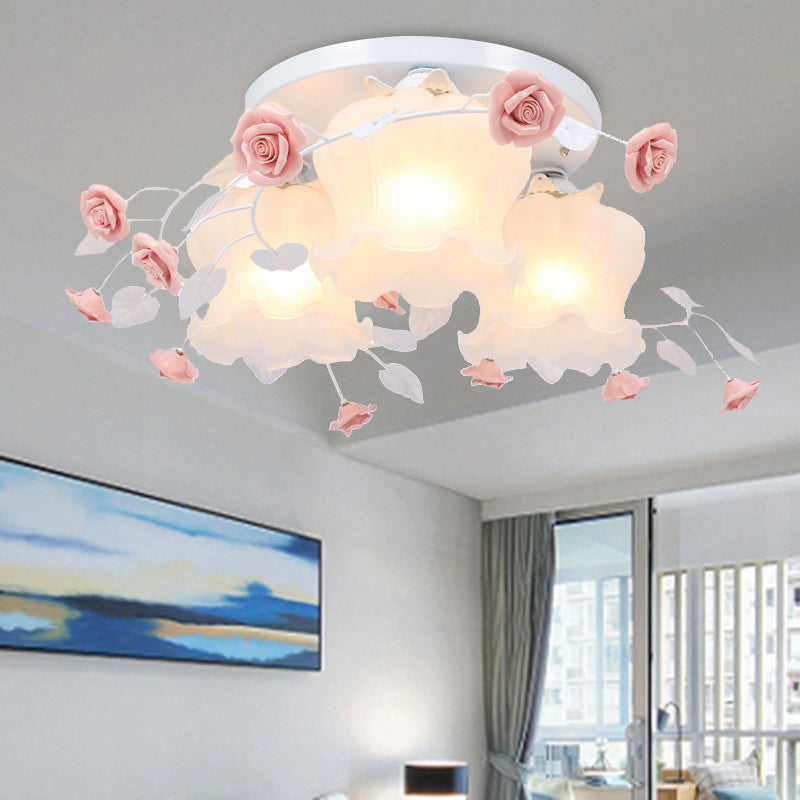 Plafonnier Bloom en verre opale, luminaire de campagne à 3 têtes pour chambre à coucher, blanc/vert