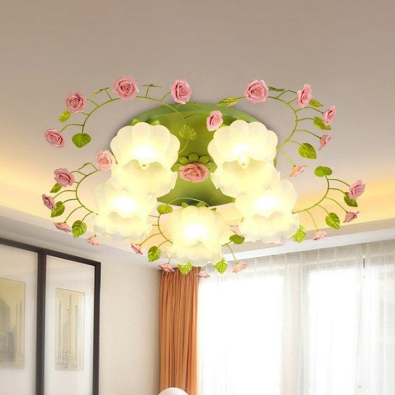 Cream Glass Rose Ceiling Lighting Traditional 5 Heads Bedroom Flush Mount Light Fixture in Green