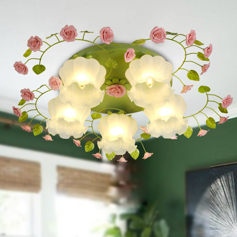 Cream Glass Rose Ceiling Lighting Traditional 5 Heads Bedroom Flush Mount Light Fixture in Green