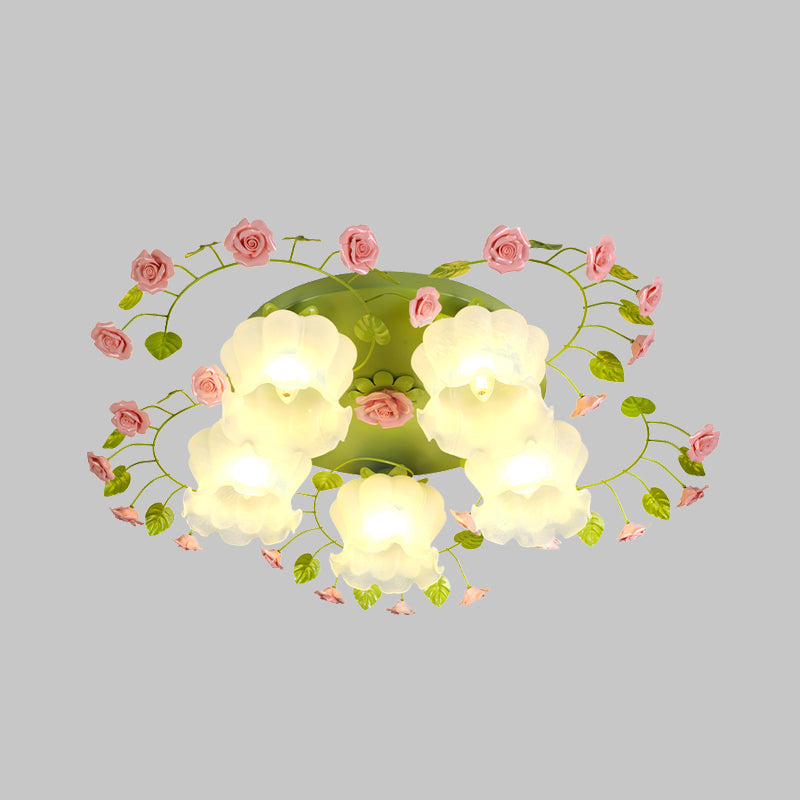 Cream Glass Rose Ceiling Lighting Traditional 5 Heads Bedroom Flush Mount Light Fixture in Green