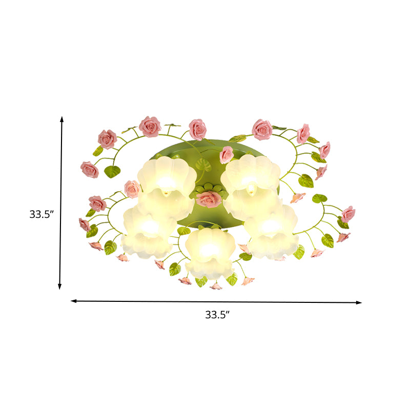 Plafonnier en forme de rose en verre crème, luminaire traditionnel à 5 ​​têtes pour chambre à coucher, luminaire encastré en vert