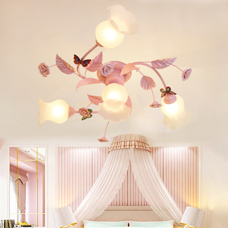 4/7 Bulbs Spiral Ceiling Light Fixture Traditional Pink Satin Opal Glass Semi Flush Mount Lighting for Bedroom