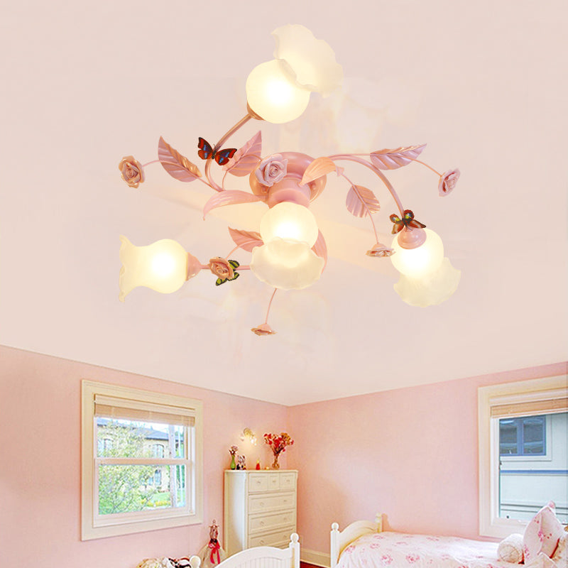 4/7 Bulbs Spiral Ceiling Light Fixture Traditional Pink Satin Opal Glass Semi Flush Mount Lighting for Bedroom