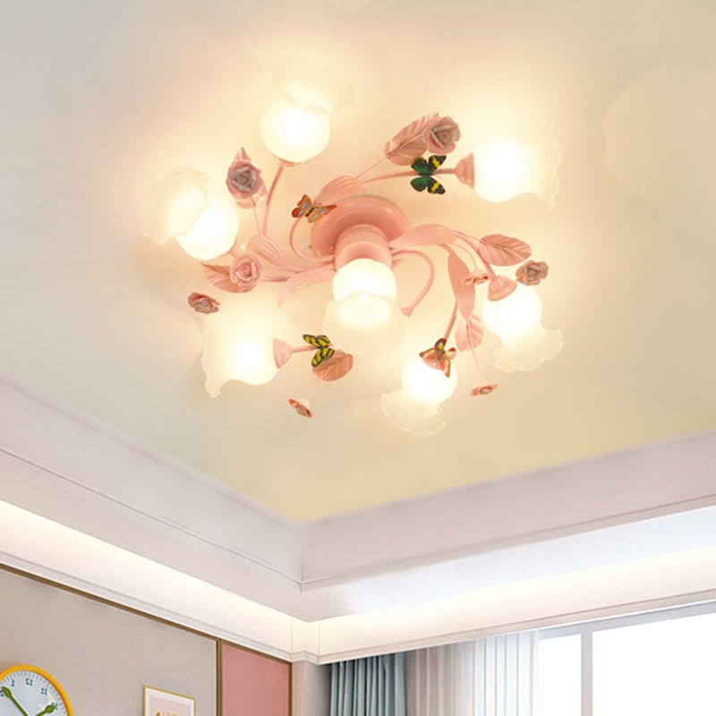 4/7 Bulbs Spiral Ceiling Light Fixture Traditional Pink Satin Opal Glass Semi Flush Mount Lighting for Bedroom