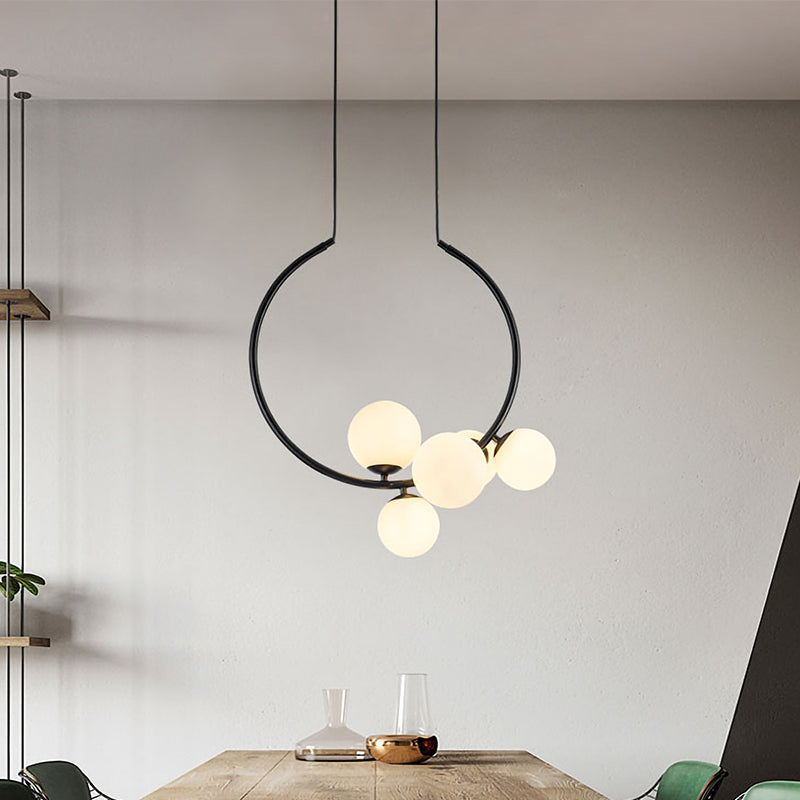 Modern 5 Bulbs Chandelier Light White/Black Orb Ceiling Suspension Lamp with Milky Glass Shade