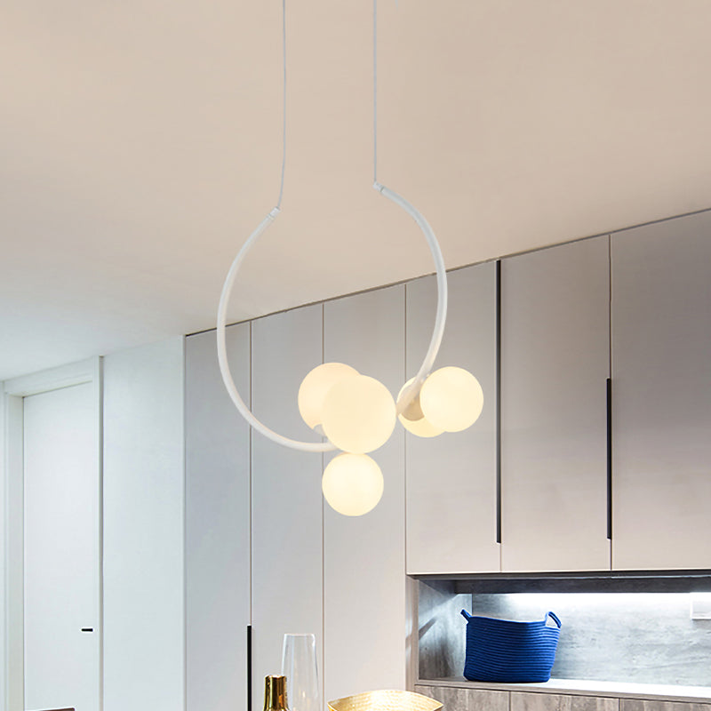 Modern 5 Bulbs Chandelier Light White/Black Orb Ceiling Suspension Lamp with Milky Glass Shade