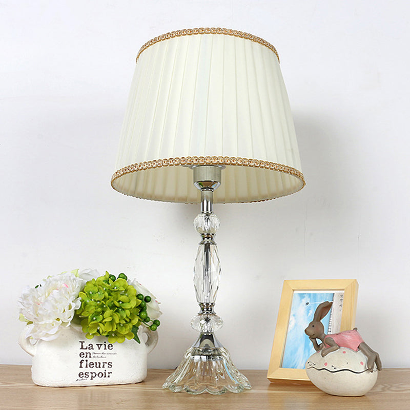 1 Light Pleated Shade Table Lamp Traditional White Fabric Night Light with Crystal Base