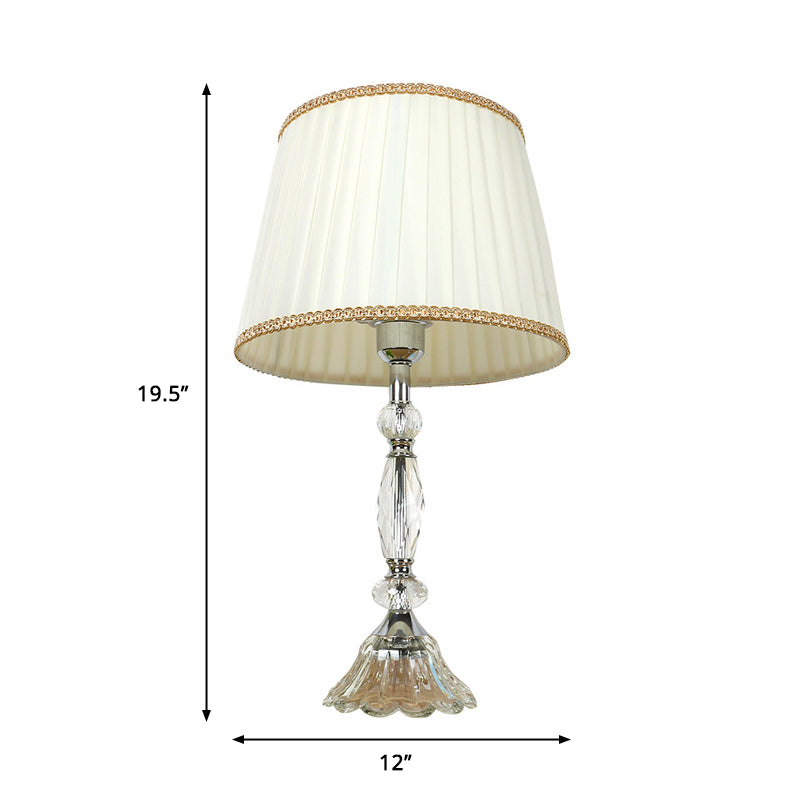 1 Light Pleated Shade Table Lamp Traditional White Fabric Night Light with Crystal Base