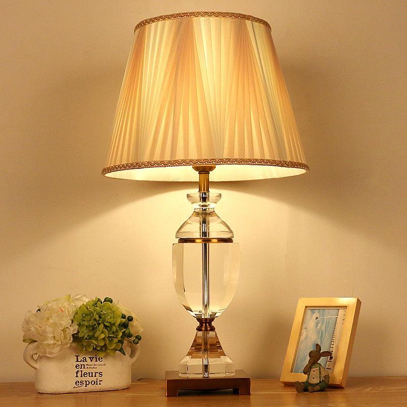 Single Head Fabric Night Light Countryside White Tapered Bedroom Nightstand Lamp with Crystal Base