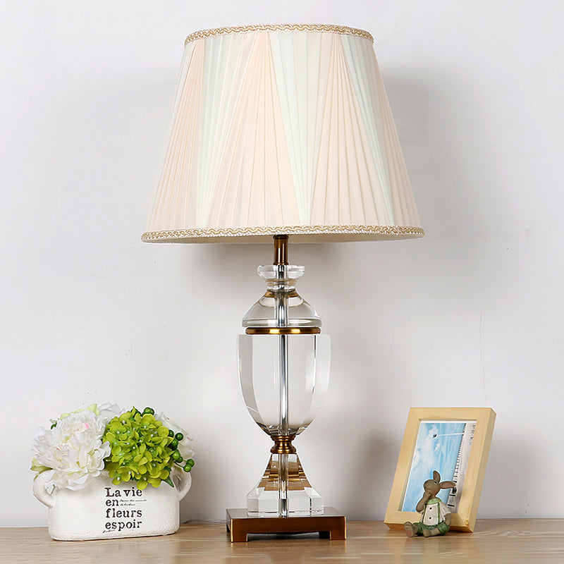 Single Head Fabric Night Light Countryside White Tapered Bedroom Nightstand Lamp with Crystal Base