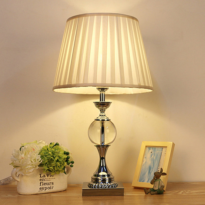 Pleated Shade Fabric Table Lamp Rustic Single Head Bedroom Night Light in White with Crystal Ball Deco