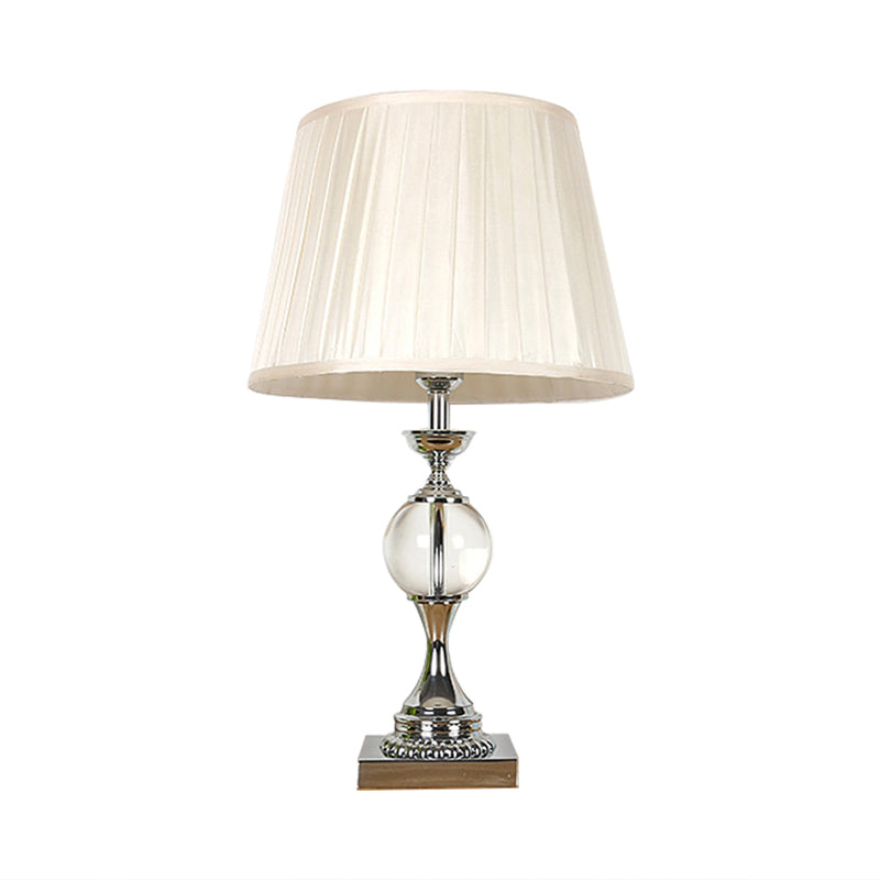 Pleated Shade Fabric Table Lamp Rustic Single Head Bedroom Night Light in White with Crystal Ball Deco