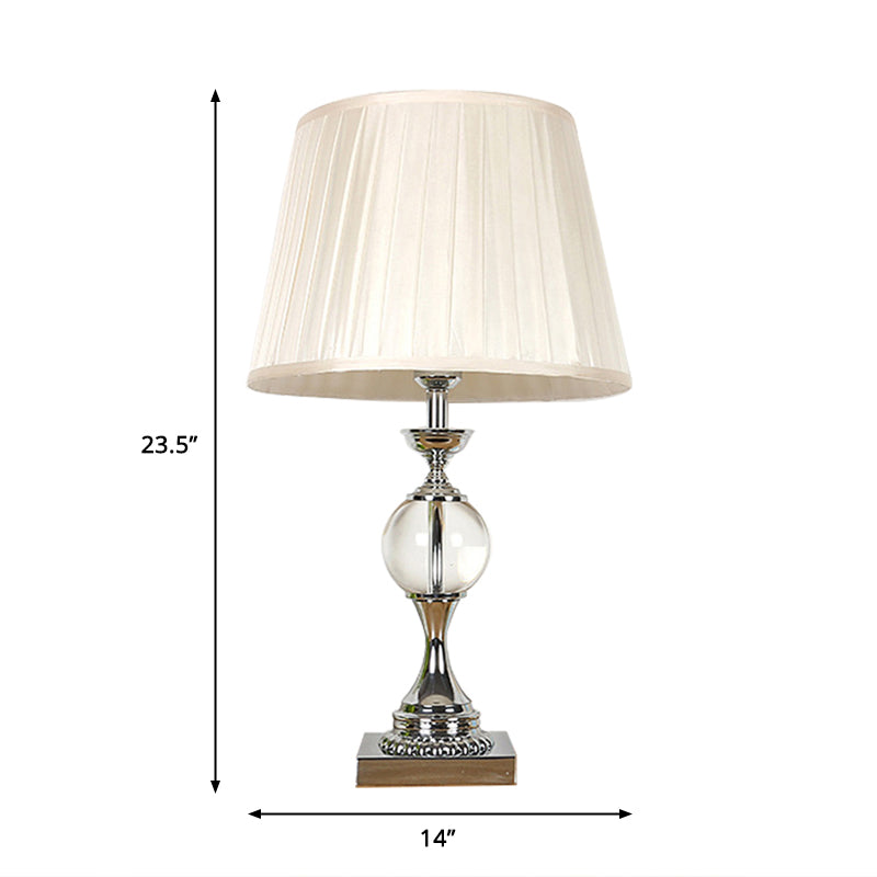 Pleated Shade Fabric Table Lamp Rustic Single Head Bedroom Night Light in White with Crystal Ball Deco