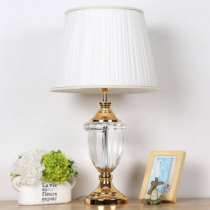 Pleated Lampshade Bedroom Table Light Rural Stylish Single Bulb White Nightstand Lamp with Clear Crystal Deco