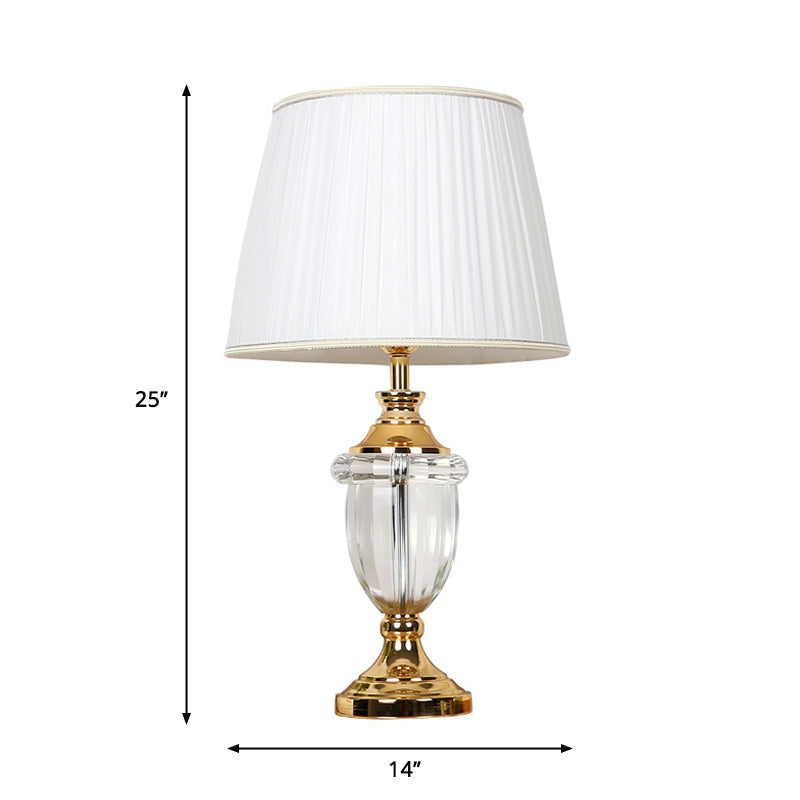 Pleated Lampshade Bedroom Table Light Rural Stylish Single Bulb White Nightstand Lamp with Clear Crystal Deco