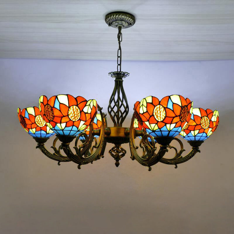 Tiffany Creative Sputnik Pendant Light Wrought Iron Hanging Lamp with Colorful Glass Shade