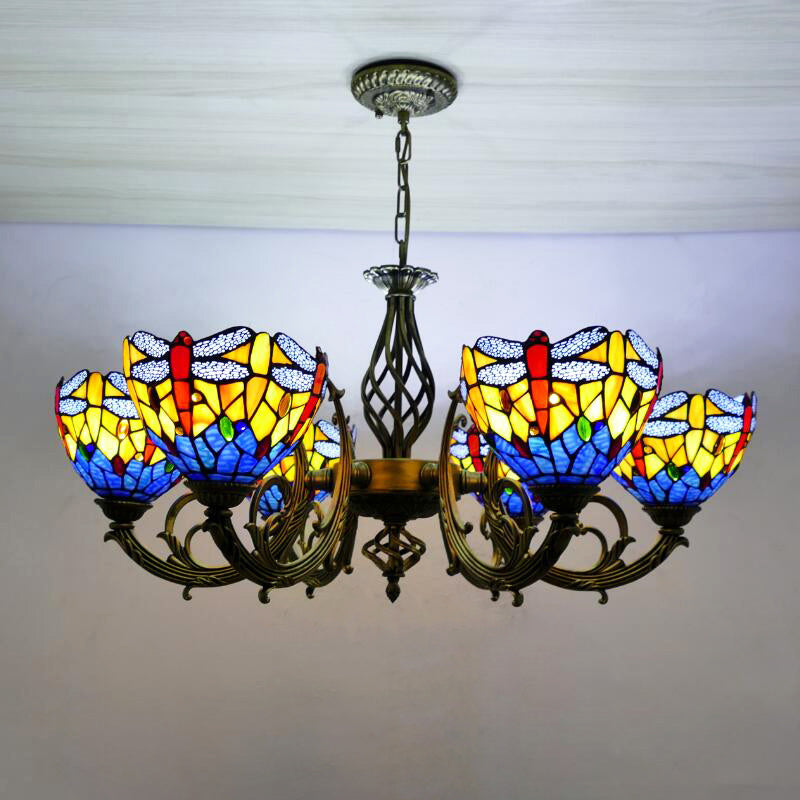 Tiffany Creative Sputnik Pendant Light Wrought Iron Hanging Lamp with Colorful Glass Shade