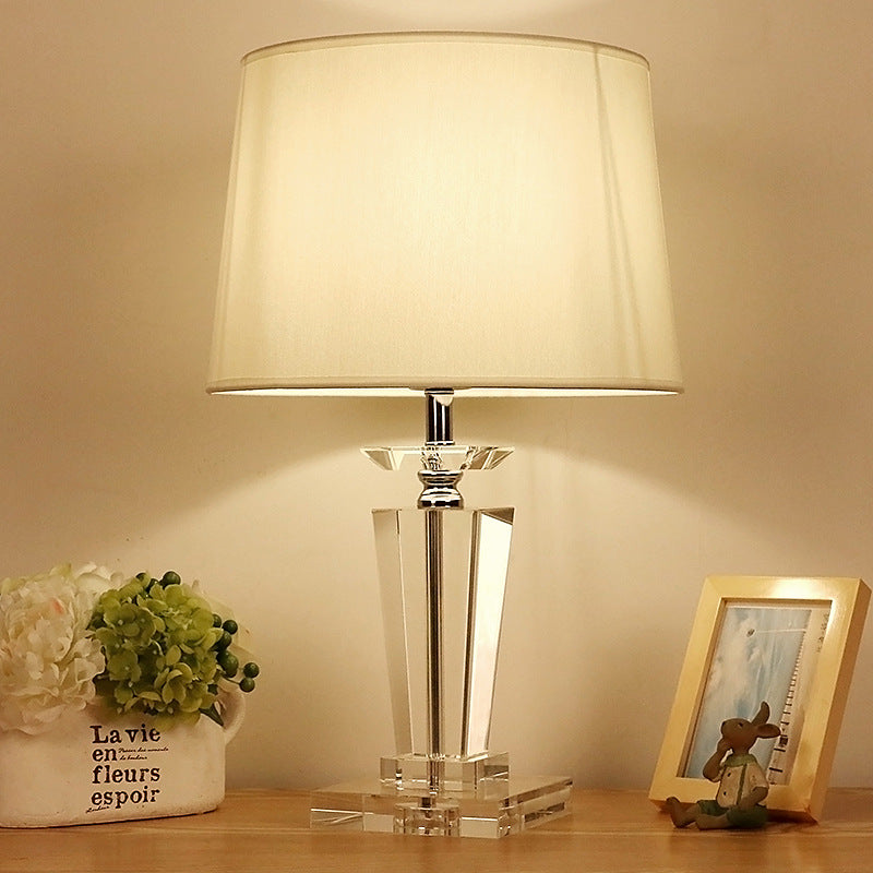 White Drum Nightstand Lamp Traditional Stylish Fabric 1 Light Bedroom Table Light with Clear Crystal Base