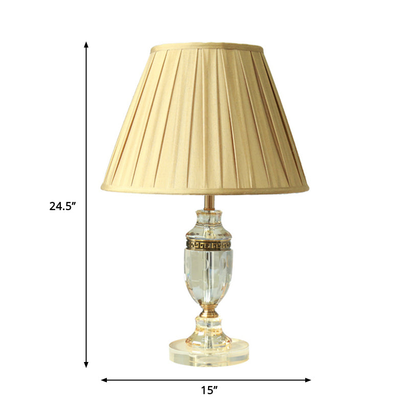 Fabric Beige Table Lamp Gathered Empire Shade Single Bulb Countryside Night Light with Crystal Base