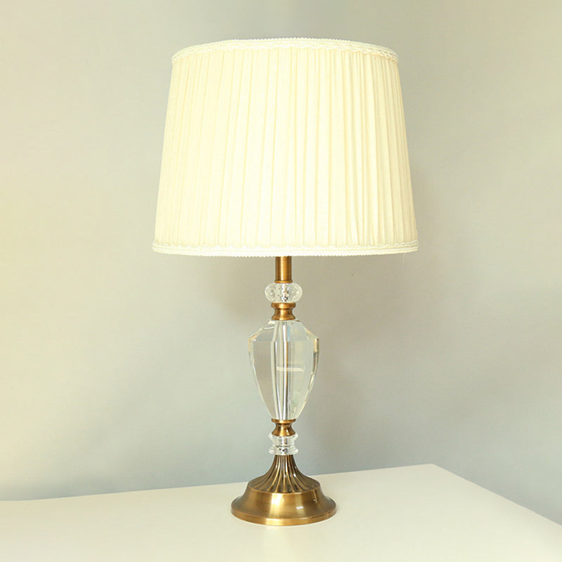 Single Head Pleated Shade Table Light Simple Beige Fabric Nightstand Lamp with Crystal Deco