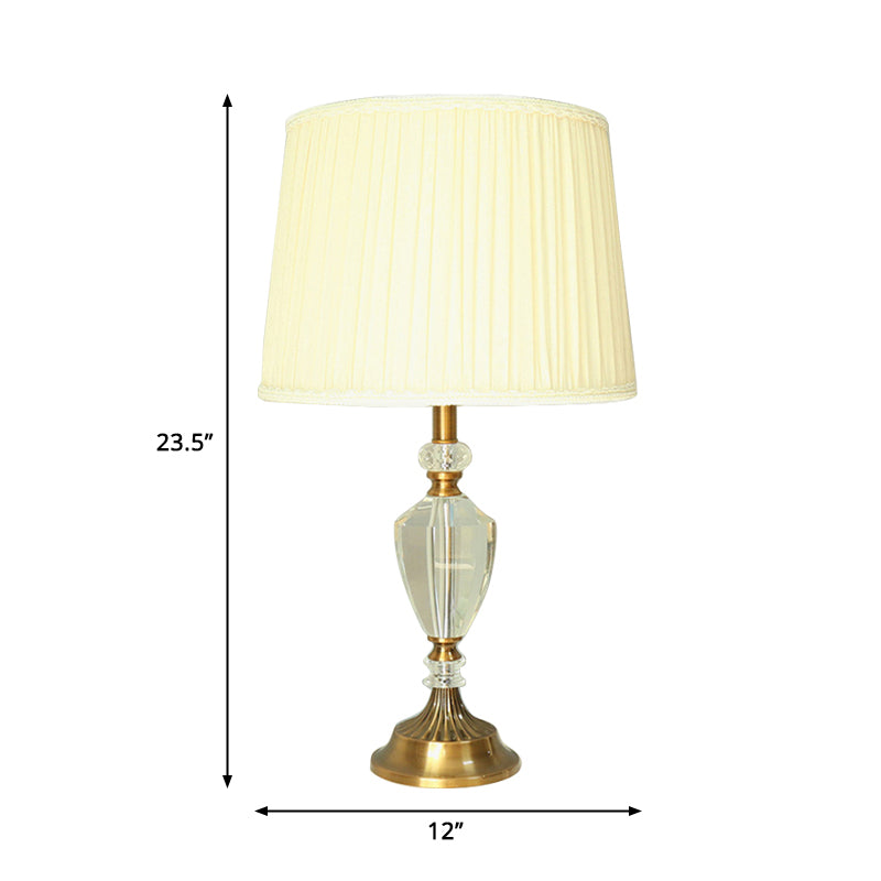 Single Head Pleated Shade Table Light Simple Beige Fabric Nightstand Lamp with Crystal Deco