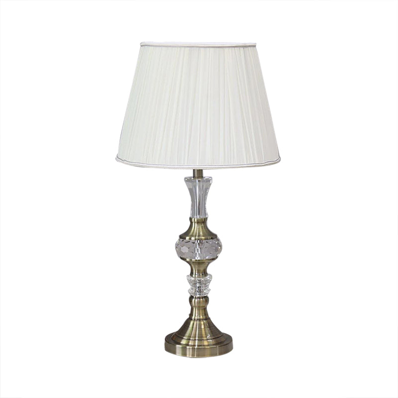 Single Bulb Night Light Simple Tapered Fabric Table Lamp in White for Dining Room with Crystal Deco