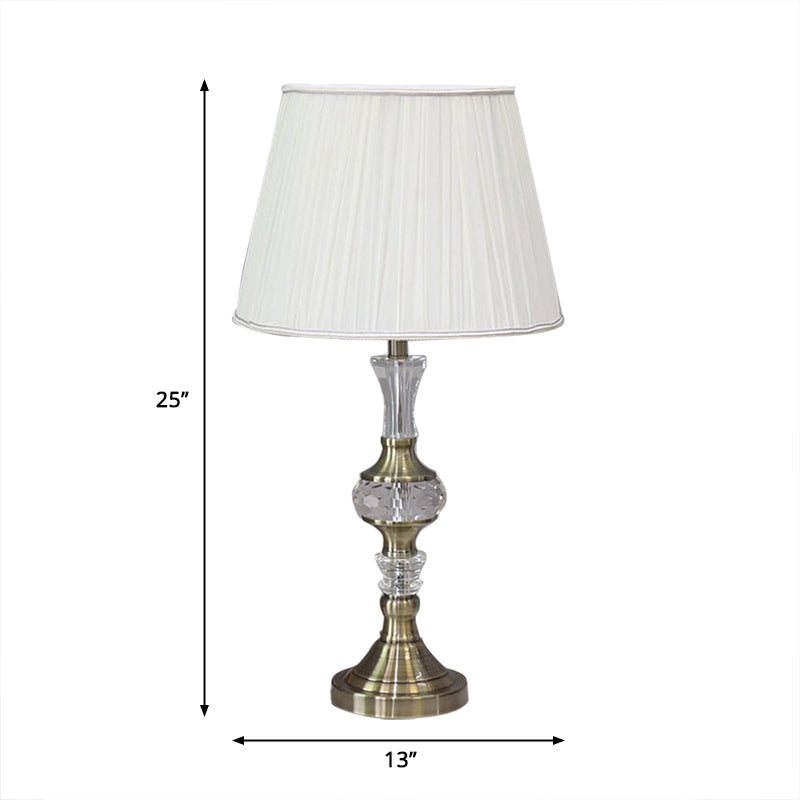 Single Bulb Night Light Simple Tapered Fabric Table Lamp in White for Dining Room with Crystal Deco