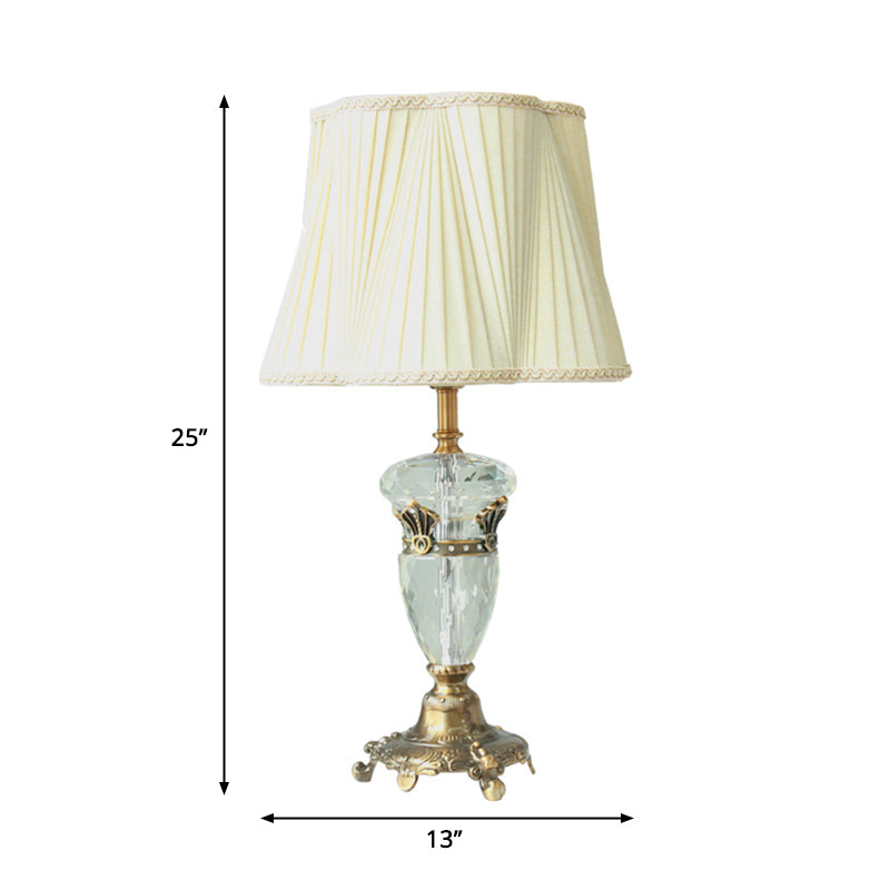 1 Light Fabric Nightstand Lamp Traditional White Drum-Shaped Bedroom Table Light with Crystal Deco