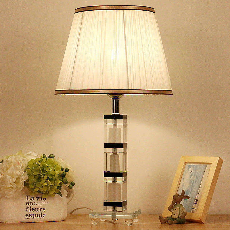 Pleated Shade Fabric Nightstand Lamp Simple Single Head Bedroom Table Light in White with Crystal Base