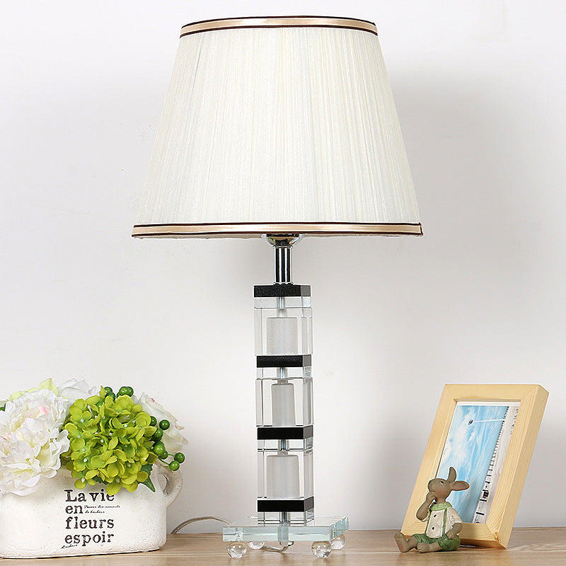 Pleated Shade Fabric Nightstand Lamp Simple Single Head Bedroom Table Light in White with Crystal Base