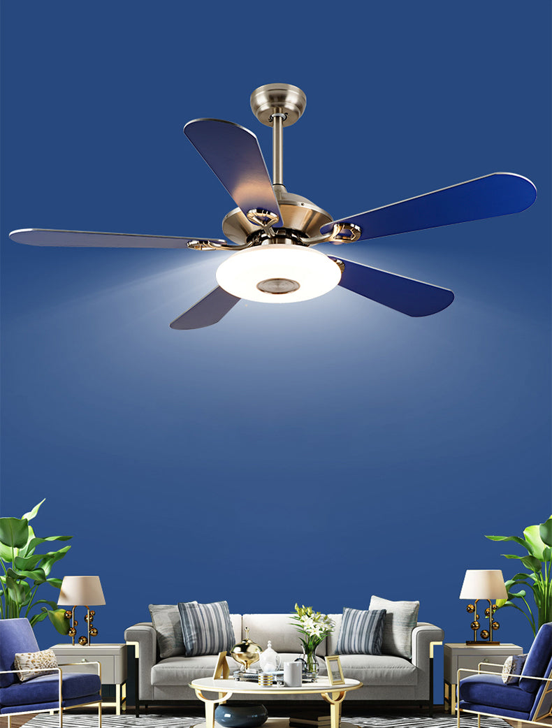 Navy Blue Round Hanging Fan Lamp Fixture Mediterranean Style Acrylic LED Semi Flush Light