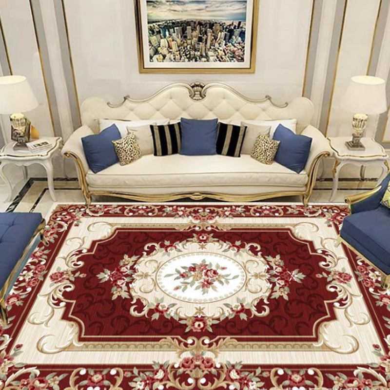 Fancy Red Tribal Pattern Area Rug Polyester Traditional Area Carpet Easy Care Rug for Living Room