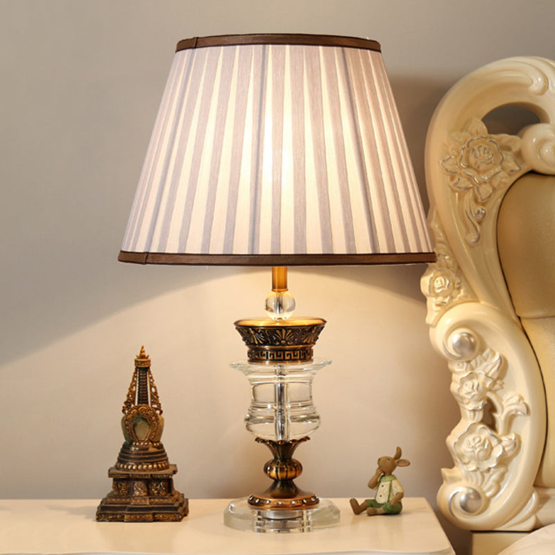 Single Bulb Tapered Night Light Traditional Style Beige Fabric Table Lamp with Crystal Base