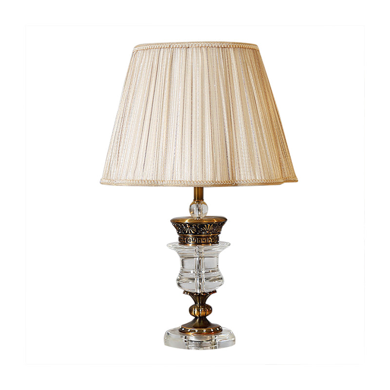 Single Bulb Tapered Night Light Traditional Style Beige Fabric Table Lamp with Crystal Base