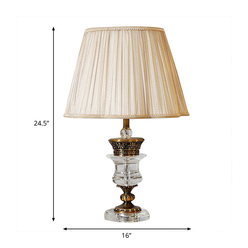 Single Bulb Tapered Night Light Traditional Style Beige Fabric Table Lamp with Crystal Base