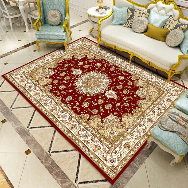 Red Tribal Pattern Rug Shabby Chic Polyester Area Carpet Non-Slip Backing Rug for Living Room