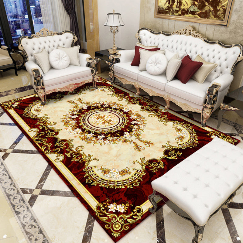 Red Living Room Carpet Traditional Polyester Area Rug Non-Slip Backing Rug