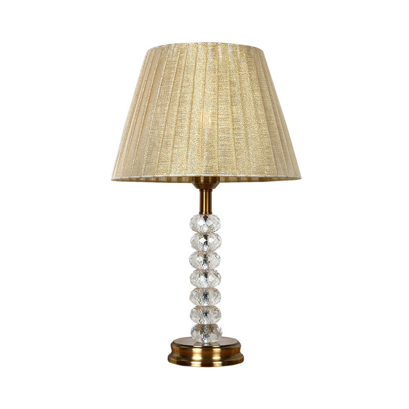 Pleated Shade Clear Crystal Night Table Lamp Rustic 1 Light Bedroom Nightstand Light in Beige