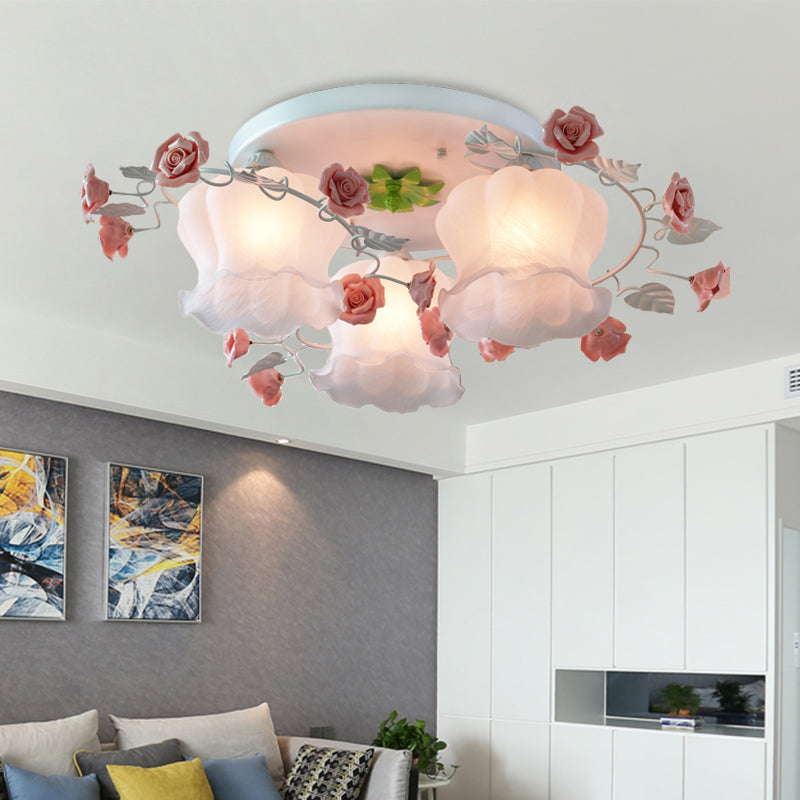 3 Bulbs Rose Ceiling Mount Countryside Pink Mouth Blown Opal Glass Flush Light Fixture for Bedroom