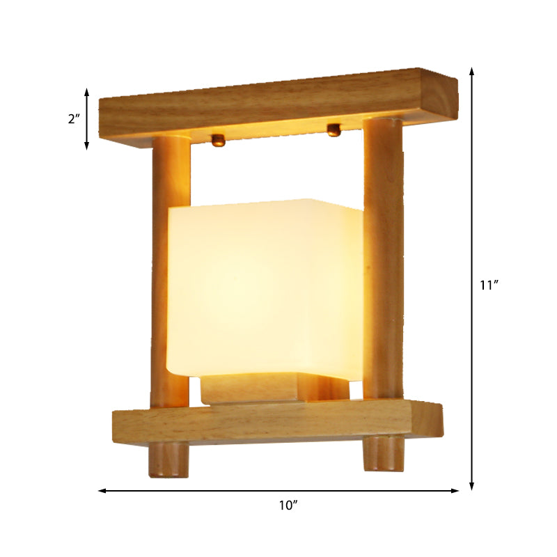 Square Frosted Glass Ceiling Flush Light Contemporary 1 Light Semi Flushmount Lamp in Wood for Staircase