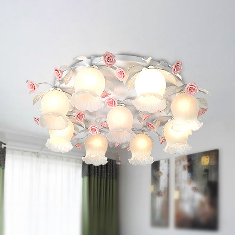 White Glass Rose Ceiling Lighting Countryside 9 Heads Living Room Flush Mount Fixture