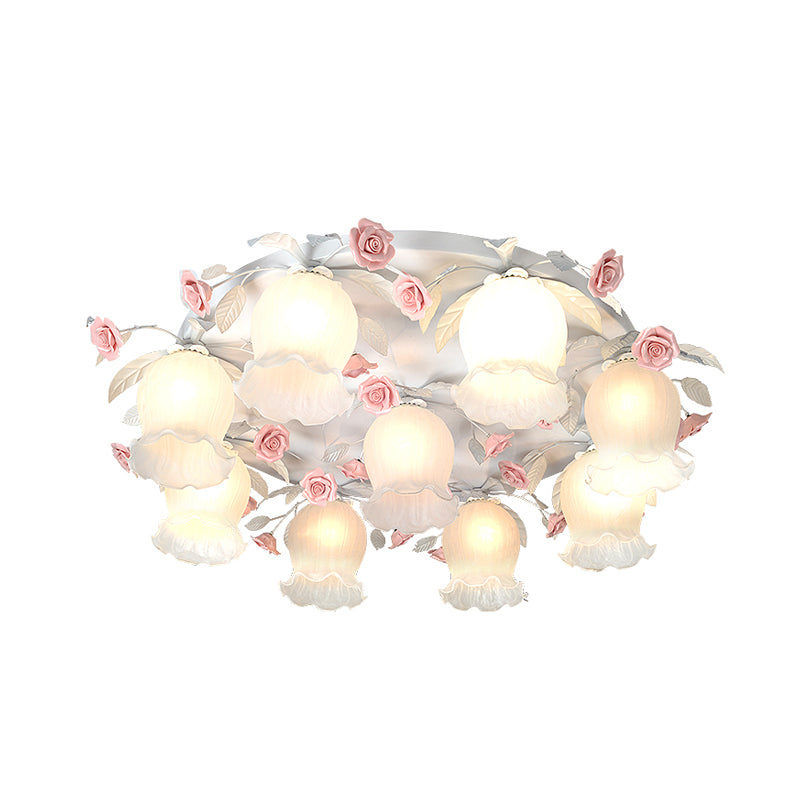 Witte Glas Rose Plafondverlichting Countryside 9 Hoofden Woonkamer Flush Mount Fixture