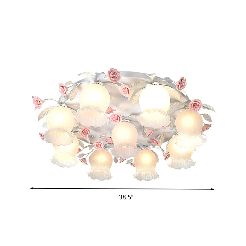 White Glass Rose Ceiling Lighting Countryside 9 Heads Living Room Flush Mount Fixture